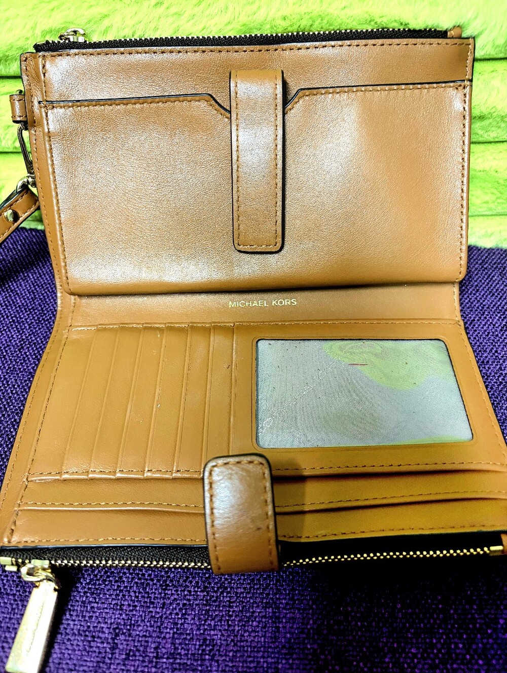 Michael Kors Brown Logo-Print Wristlet with Tan Leather Inside & Trim - Picture 3 of 5